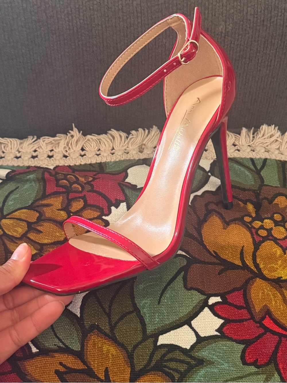 Anne Michelle Red Patent Ankle-Strap Stiletto Heel